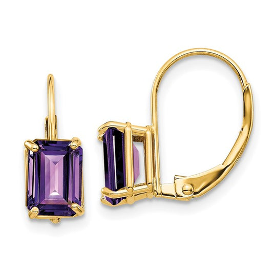 Amethyst - Emerald Cut Drop Leverback set in 14k Gold Earrings
