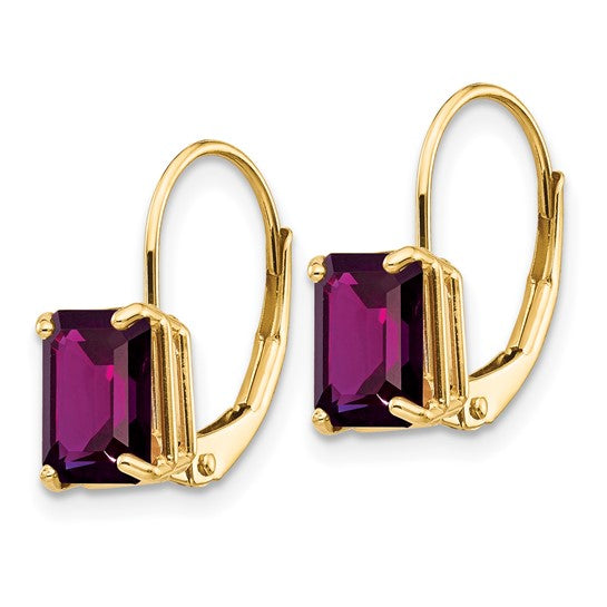 Amethyst - Emerald Cut Drop Leverback set in 14k Gold Earrings