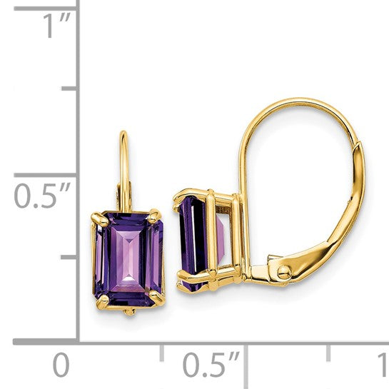Amethyst - Emerald Cut Drop Leverback set in 14k Gold Earrings