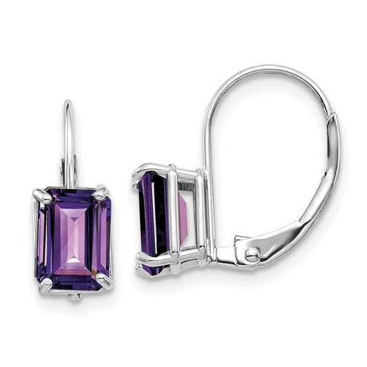 Amethyst - Emerald Cut Drop Leverback set in 14k Gold Earrings