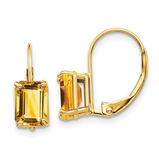 Citrine - Emerald Cut Drop Leverback set in 14k Gold Earrings