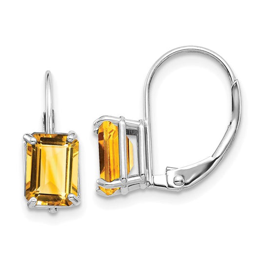 Citrine - Emerald Cut Drop Leverback set in 14k Gold Earrings