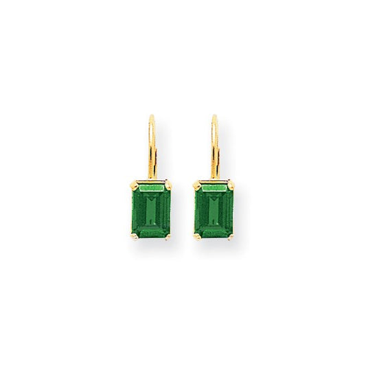 Emerald - Emerald Cut Drop Leverback set in 14k Gold Earrings