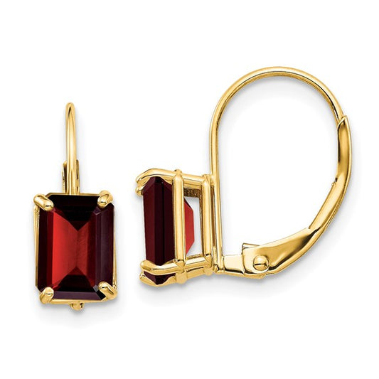 Garnet - Emerald Cut Drop Leverback set in 14k Gold Earrings