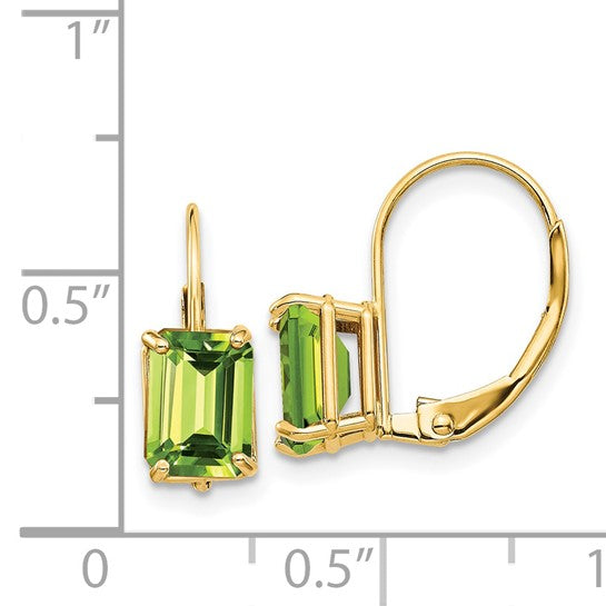 Peridot - Emerald Cut Drop Leverback set in 14k Gold Earrings