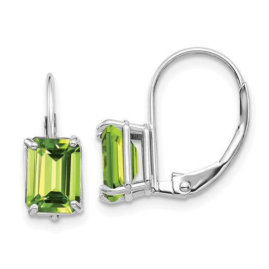 Peridot - Emerald Cut Drop Leverback set in 14k Gold Earrings