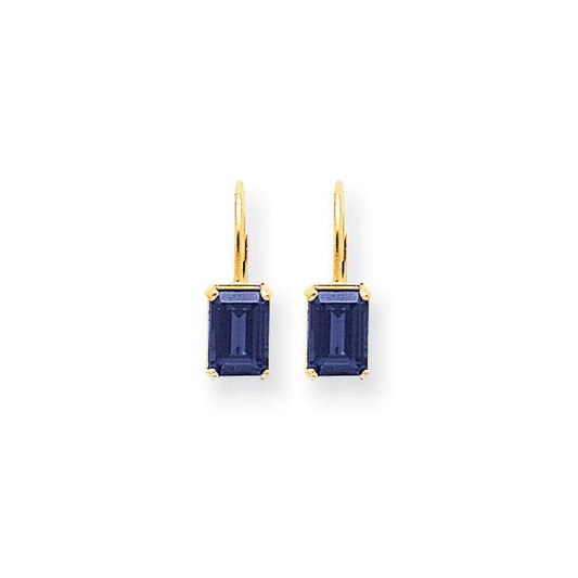 Sapphire - Emerald Cut Drop Leverback set in 14k Gold Earrings