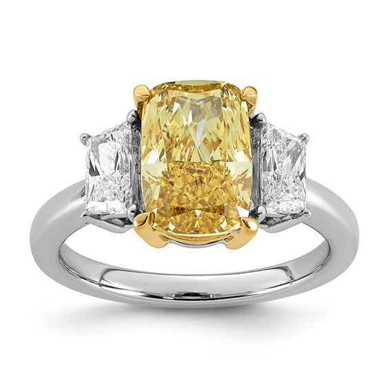 Long Cushion Vivid Yellow and Trapezoid Two-Tone Certified Lab Grown Diamond Engagement Ring