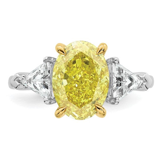 Vivid Yellow Oval Center and Trillion Cut Accents Lab Grown Diamond Engagement Ring