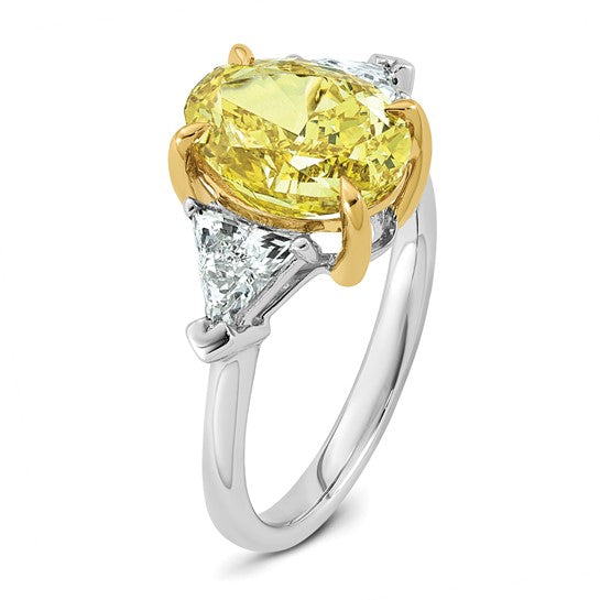 Vivid Yellow Oval Center and Trillion Cut Accents Lab Grown Diamond Engagement Ring