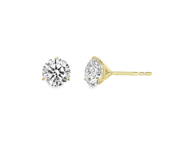 14k gold diamond stud earrings with a 3 prong martini setting on a white background