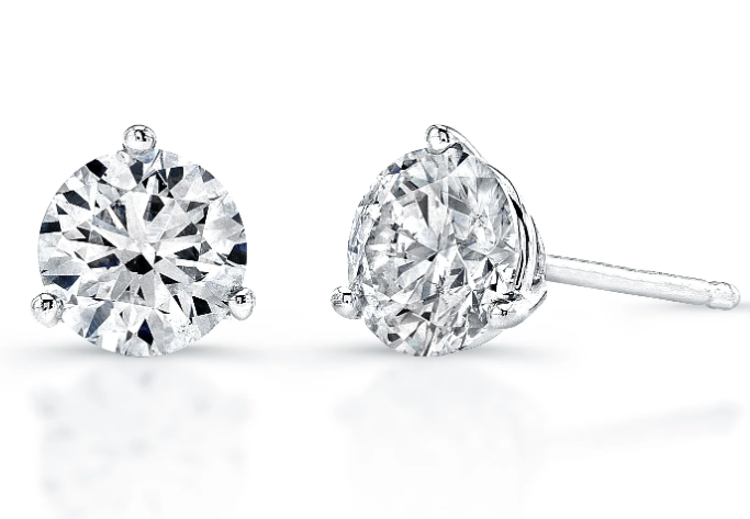14k white gold lab grown diamond round earrings with a 3 prong setting on a white background