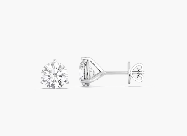14k gold lab grown diamond stud earrings with a 3 prong martini setting on a white background