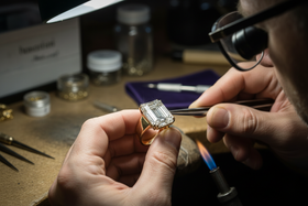 Closeup shot of a jeweler repairing a 12 carat diamond ring that is a emerald cut stone and set in yellow gold. you can clearly see the ring and understand that it is with the jeweler