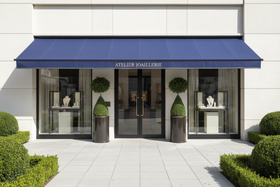 Local luxury jewelry boutique front image with a navy blue awning over the front of the building and topiary landscaping that is elegant and minimalistic. 